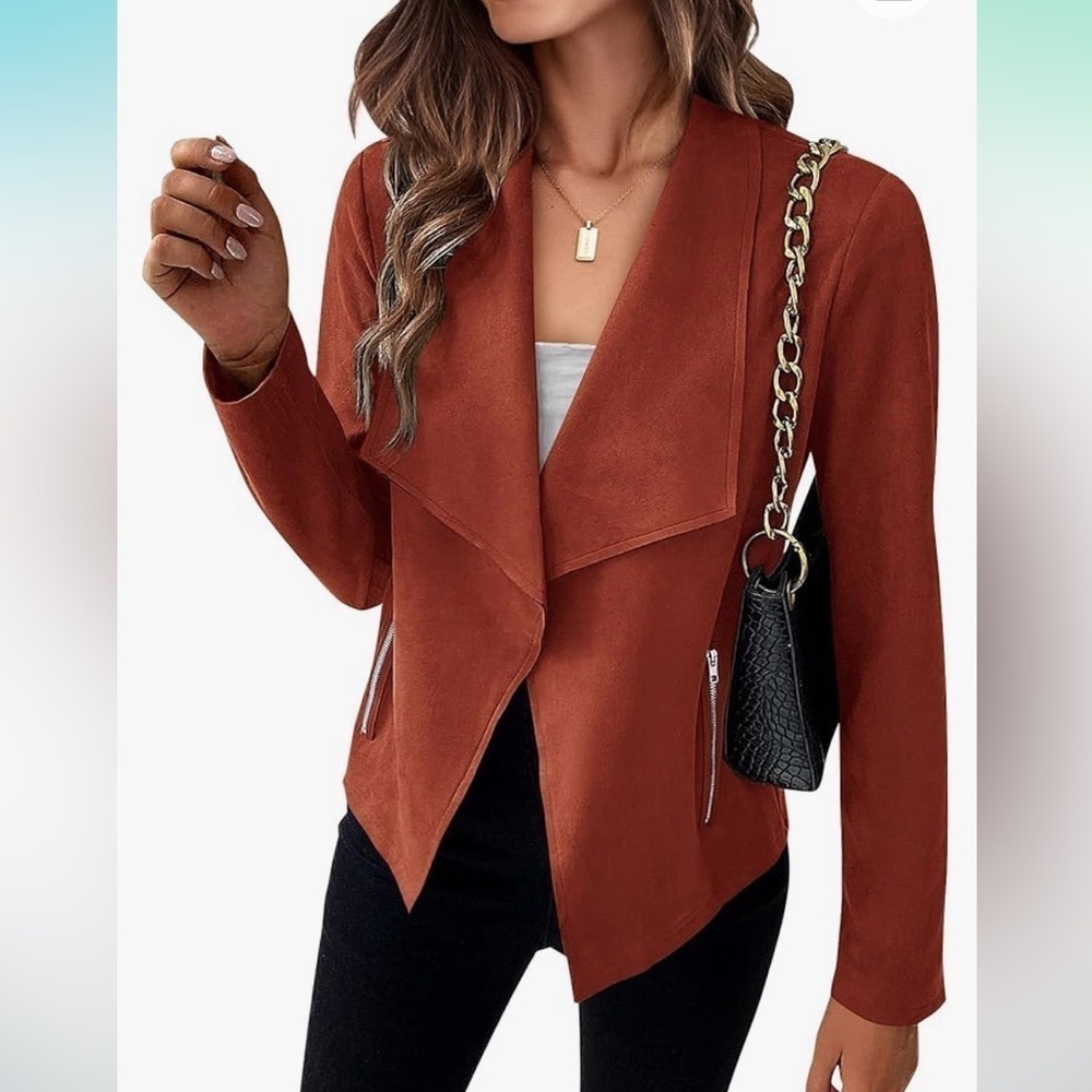 Faux Suede Jacket Open Front Bomber Cropped Coat  Large